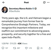 Secretary of State Marco Rubio praises "remarkable journey" in U.S. - Vietnam relations